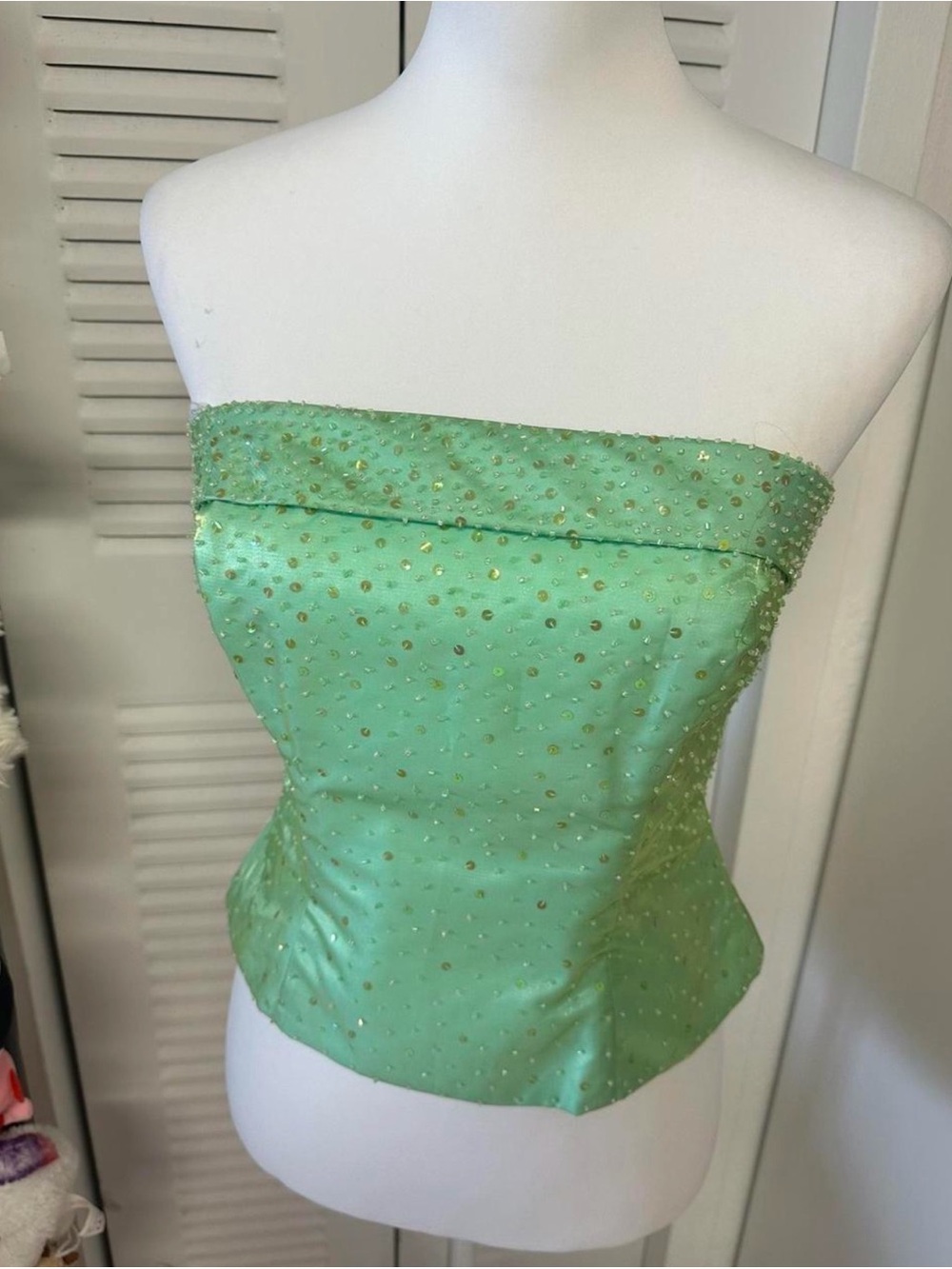 Morgan & Co. Mint Green Strapless Beaded Satin Bustier Top